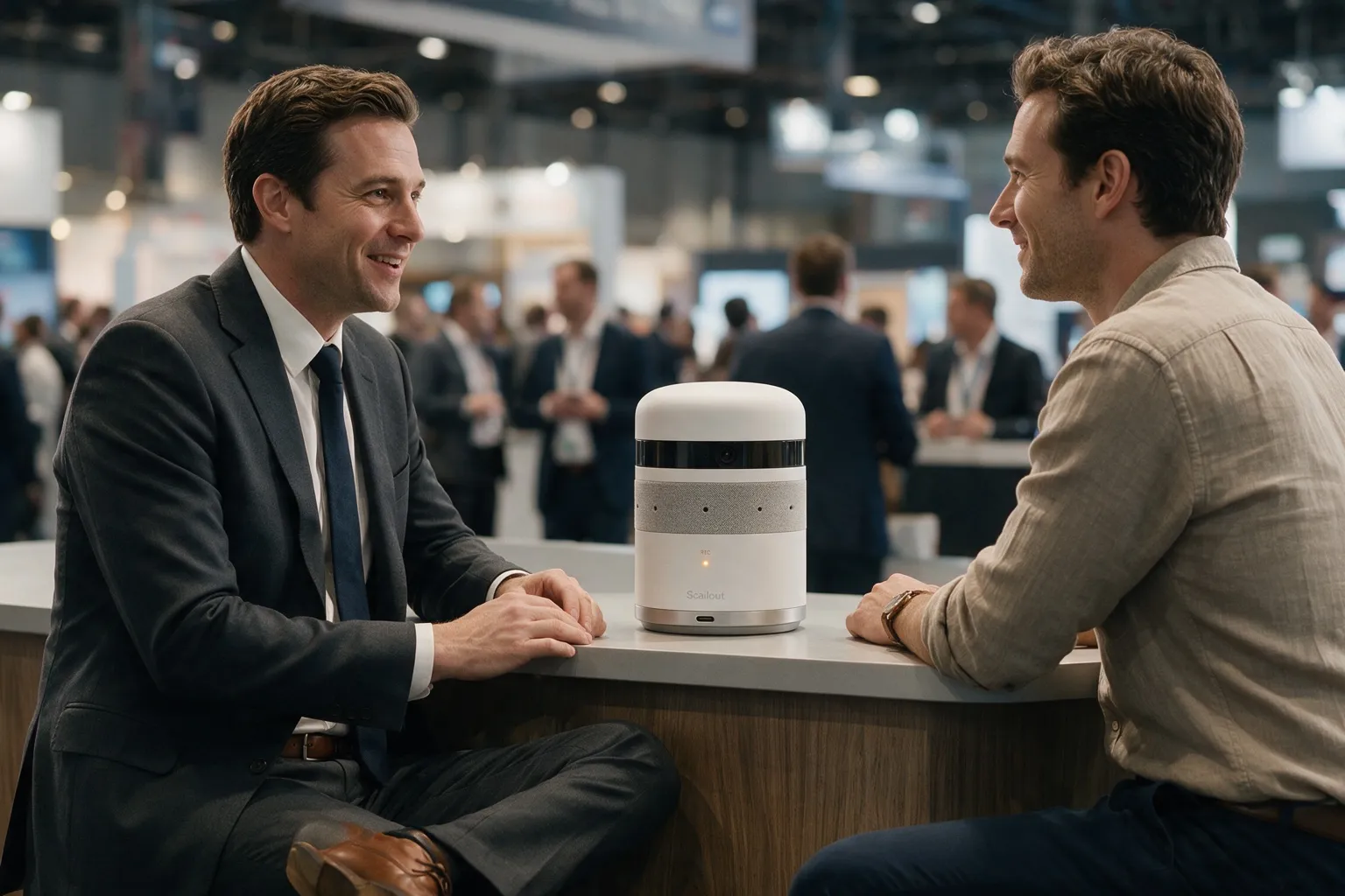 Two people talking across a booth counter with the trade show lead capture device between them, unattended